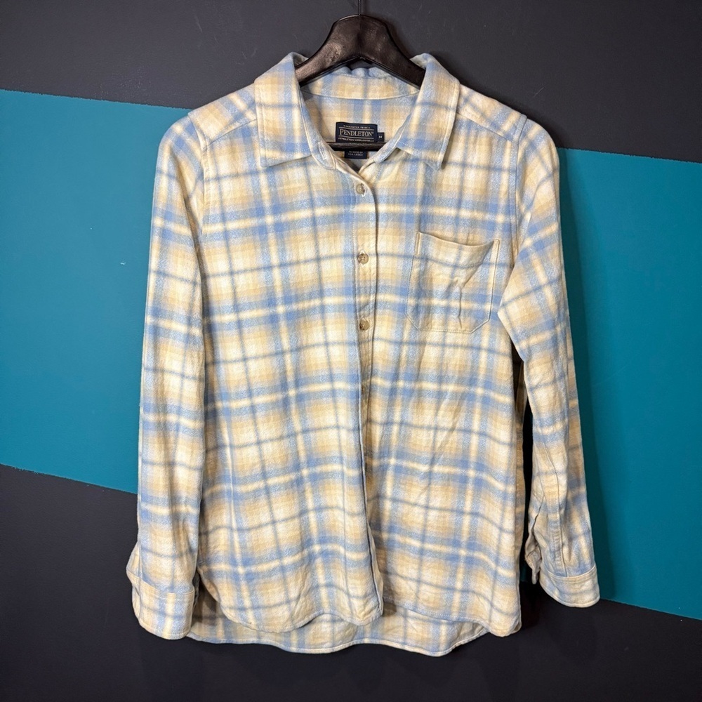 Pendleton Virgin Wool Yellow and Blue Plaid Button-Down Shirt size Medium